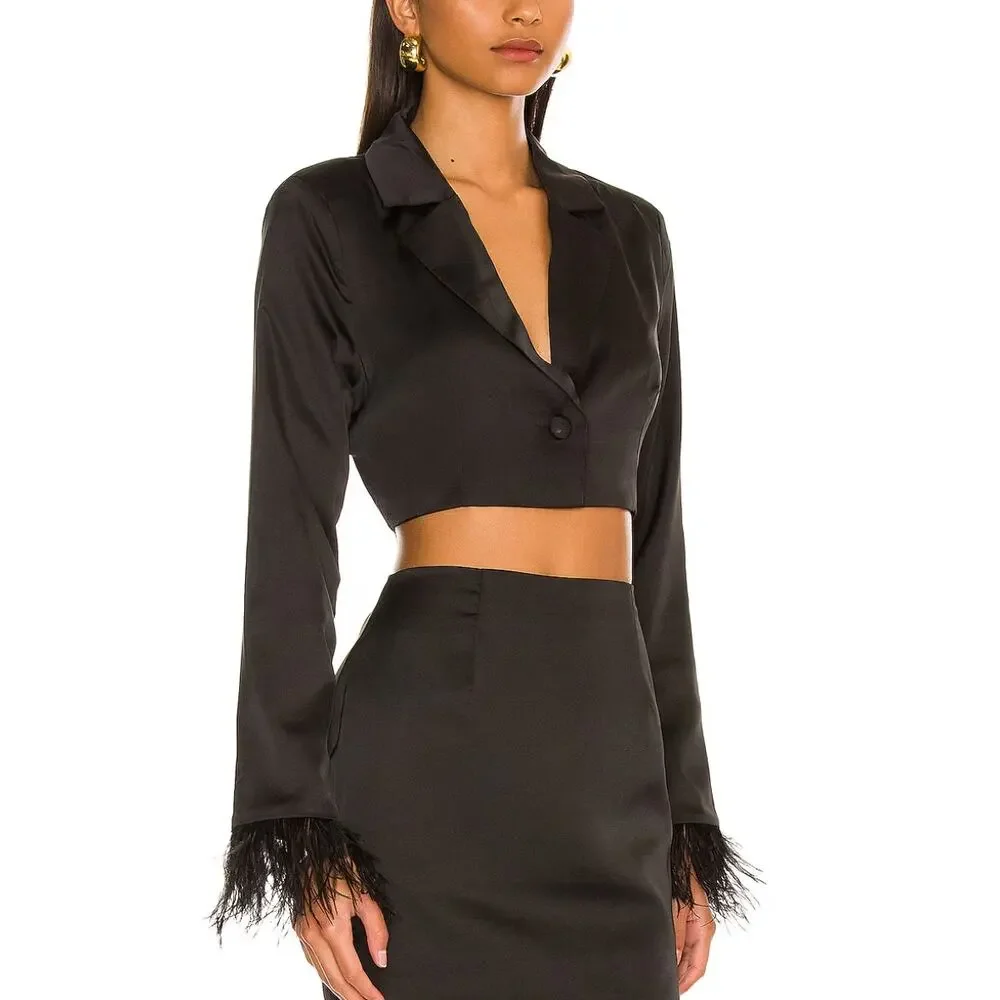 Revolve Black Crop Top MEDIUM Bolero Cocktail Satin Feathers More to Come NEW - Picture 2 of 8
